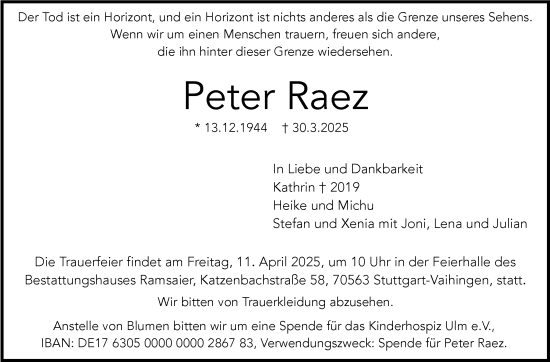 Traueranzeige von Peter Raez von Stuttgarter Zeitung / Stuttgarter Nachrichten