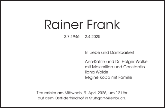 Traueranzeige von Rainer Frank von Stuttgarter Zeitung / Stuttgarter Nachrichten