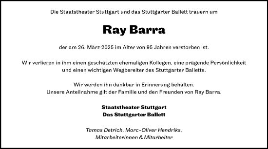 Traueranzeige von Ray Barra von Stuttgarter Zeitung / Stuttgarter Nachrichten