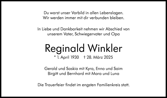 Traueranzeige von Reginald Winkler von Stuttgarter Zeitung / Stuttgarter Nachrichten