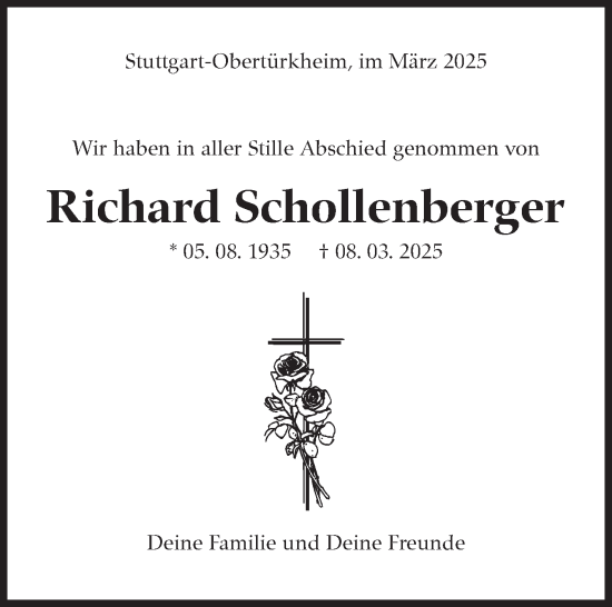 Traueranzeige von Richard Schollenberger von Stuttgarter Zeitung / Stuttgarter Nachrichten