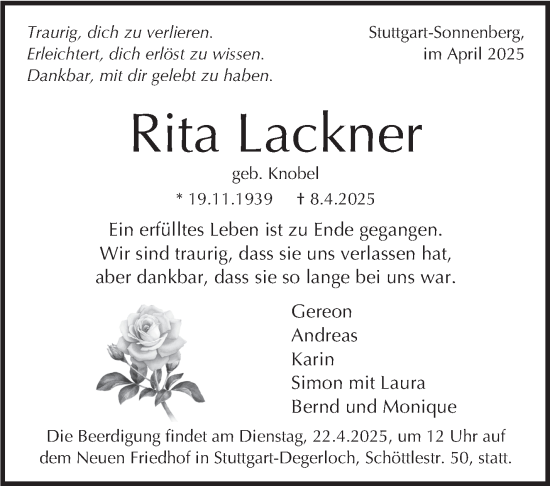 Traueranzeige von Rita Lackner von Stuttgarter Zeitung / Stuttgarter Nachrichten