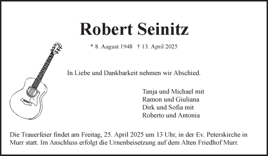 Traueranzeige von Robert Seinitz von Stuttgarter Zeitung / Stuttgarter Nachrichten