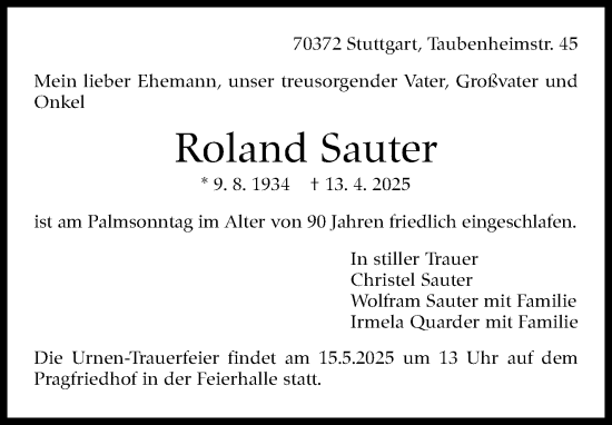 Traueranzeige von Roland Sauter von Stuttgarter Zeitung / Stuttgarter Nachrichten