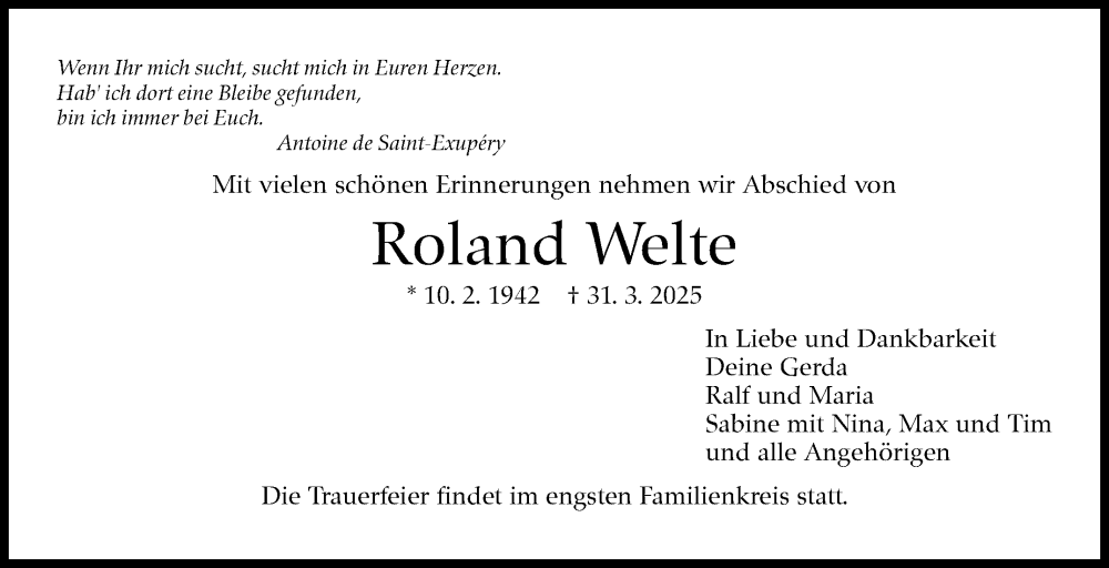  Traueranzeige für Roland Welte vom 05.04.2025 aus Stuttgarter Zeitung / Stuttgarter Nachrichten