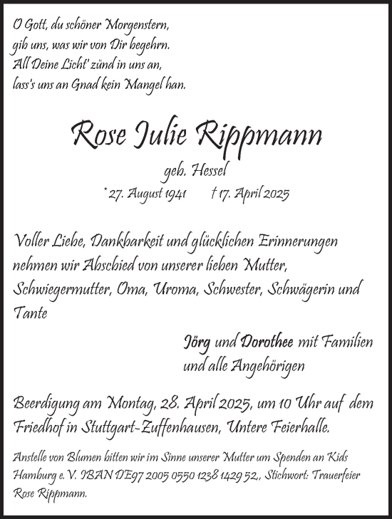 Traueranzeige von Rose Julie Rippmann von Stuttgarter Zeitung / Stuttgarter Nachrichten
