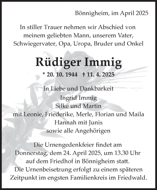 Traueranzeige von Rüdiger Immig von Stuttgarter Zeitung / Stuttgarter Nachrichten