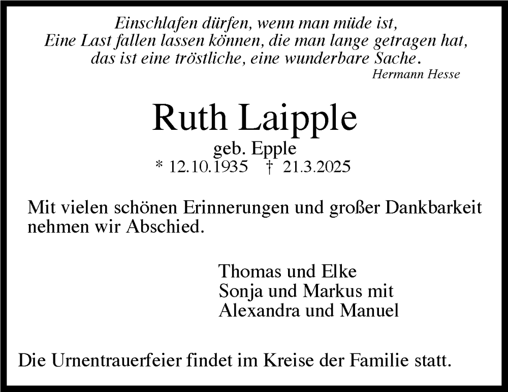  Traueranzeige für Ruth Laipple vom 22.04.2025 aus Stuttgarter Zeitung / Stuttgarter Nachrichten