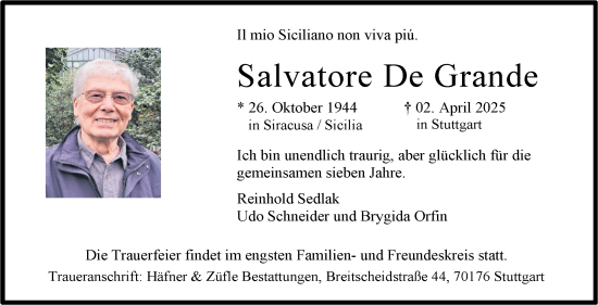 Traueranzeige von Salvatore De Grande von Stuttgarter Zeitung / Stuttgarter Nachrichten