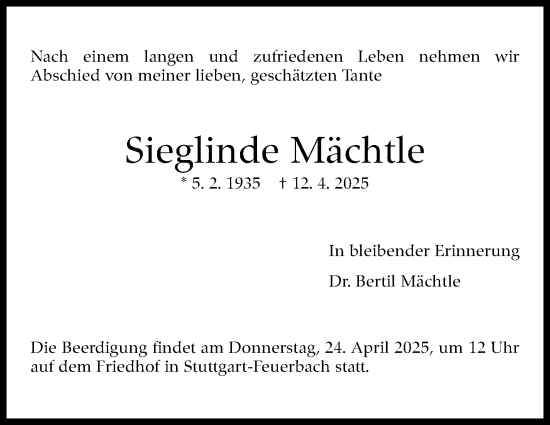 Traueranzeige von Sieglinde Mächtle von Stuttgarter Zeitung / Stuttgarter Nachrichten