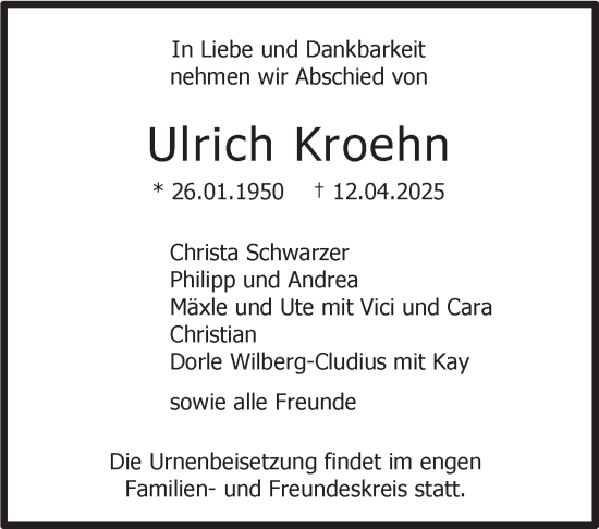 Traueranzeige von Ulrich Kroehn von Stuttgarter Zeitung / Stuttgarter Nachrichten