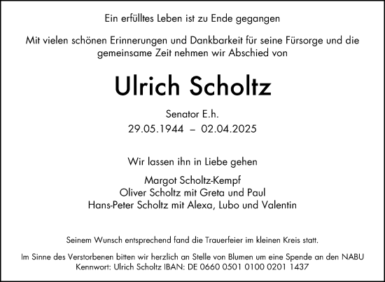 Traueranzeige von Ulrich Scholtz von Stuttgarter Zeitung / Stuttgarter Nachrichten
