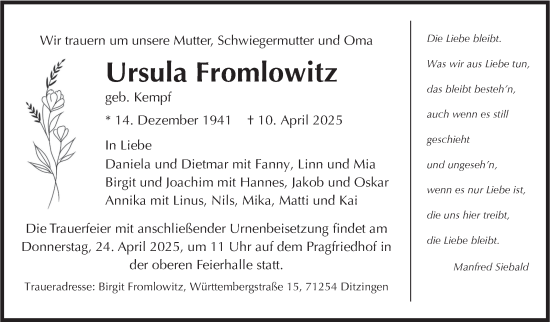Traueranzeige von Ursula Fromlowitz von Stuttgarter Zeitung / Stuttgarter Nachrichten