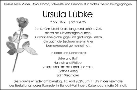 Traueranzeige von Ursula Lübke von Stuttgarter Zeitung / Stuttgarter Nachrichten