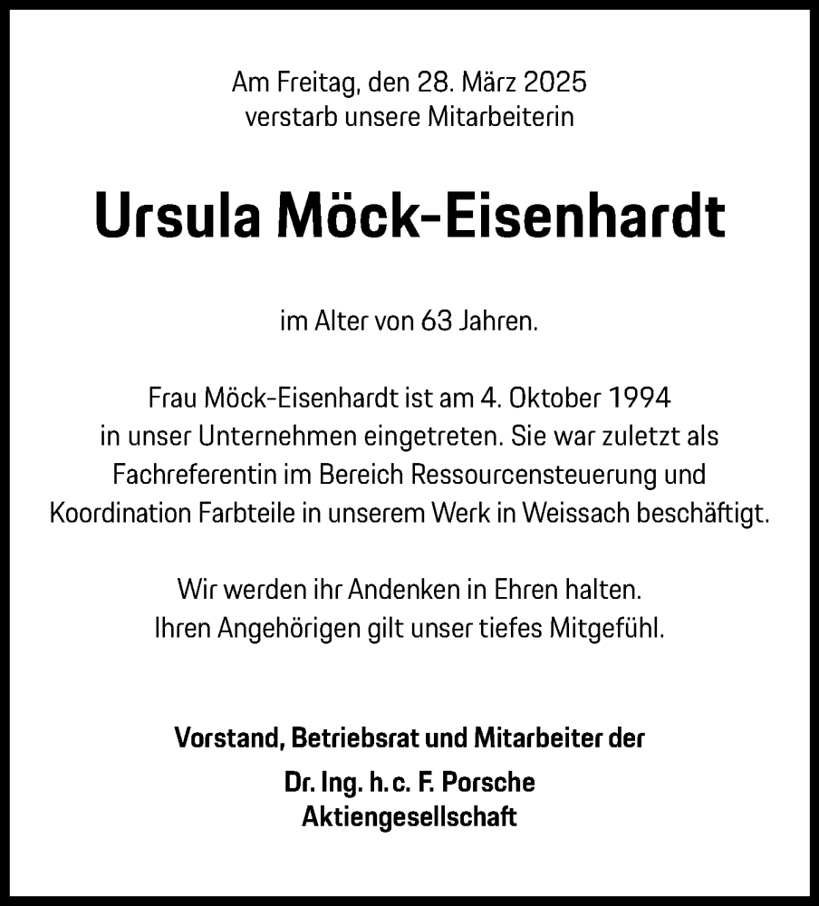  Traueranzeige für Ursula Möck-Eisenhardt vom 24.04.2025 aus Stuttgarter Zeitung / Stuttgarter Nachrichten