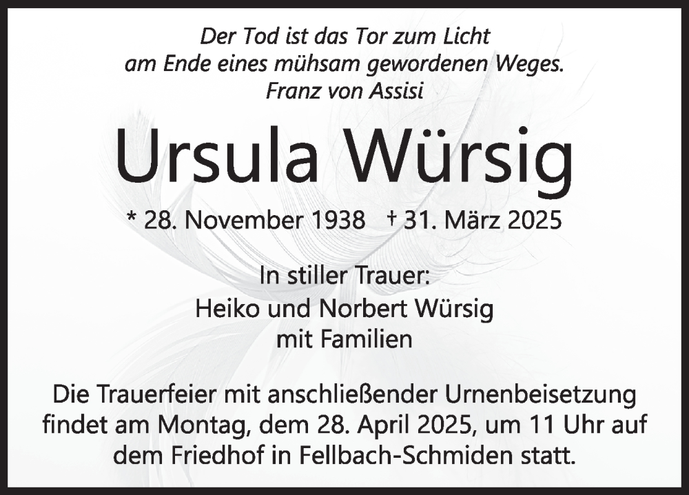  Traueranzeige für Ursula Würsig vom 23.04.2025 aus Stuttgarter Zeitung / Stuttgarter Nachrichten