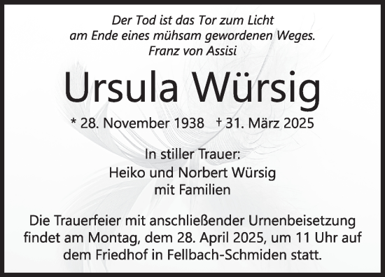 Traueranzeige von Ursula Würsig von Stuttgarter Zeitung / Stuttgarter Nachrichten