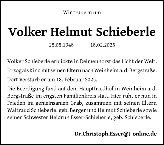 Traueranzeige von Volker Helmut Schieberle von Stuttgarter Zeitung / Stuttgarter Nachrichten