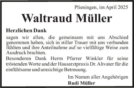 Traueranzeige von Waltraud Müller von Stuttgarter Zeitung / Stuttgarter Nachrichten
