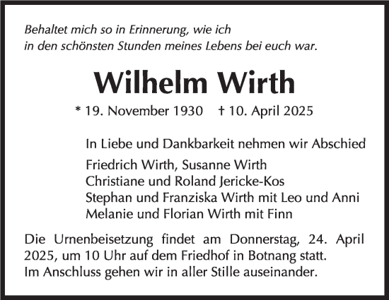 Traueranzeige von Wilhelm Wirth von Stuttgarter Zeitung / Stuttgarter Nachrichten
