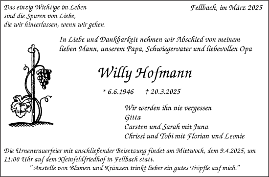 Traueranzeige von Willy Hofmann von Stuttgarter Zeitung / Stuttgarter Nachrichten