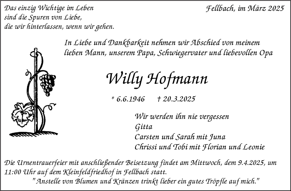  Traueranzeige für Willy Hofmann vom 07.04.2025 aus Stuttgarter Zeitung / Stuttgarter Nachrichten