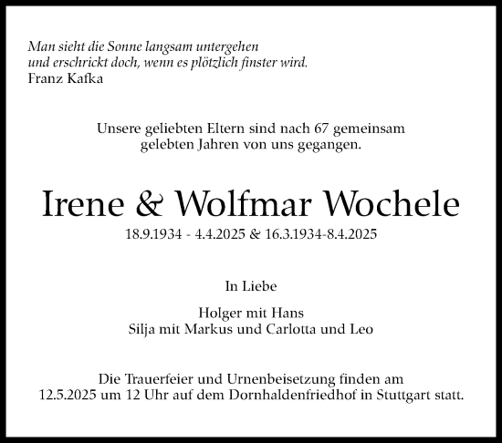 Traueranzeige von Wolfmar Wochele von Stuttgarter Zeitung / Stuttgarter Nachrichten