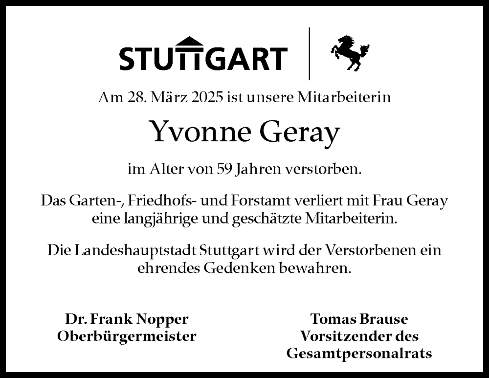  Traueranzeige für Yvonne Geray vom 14.04.2025 aus Stuttgarter Zeitung / Stuttgarter Nachrichten