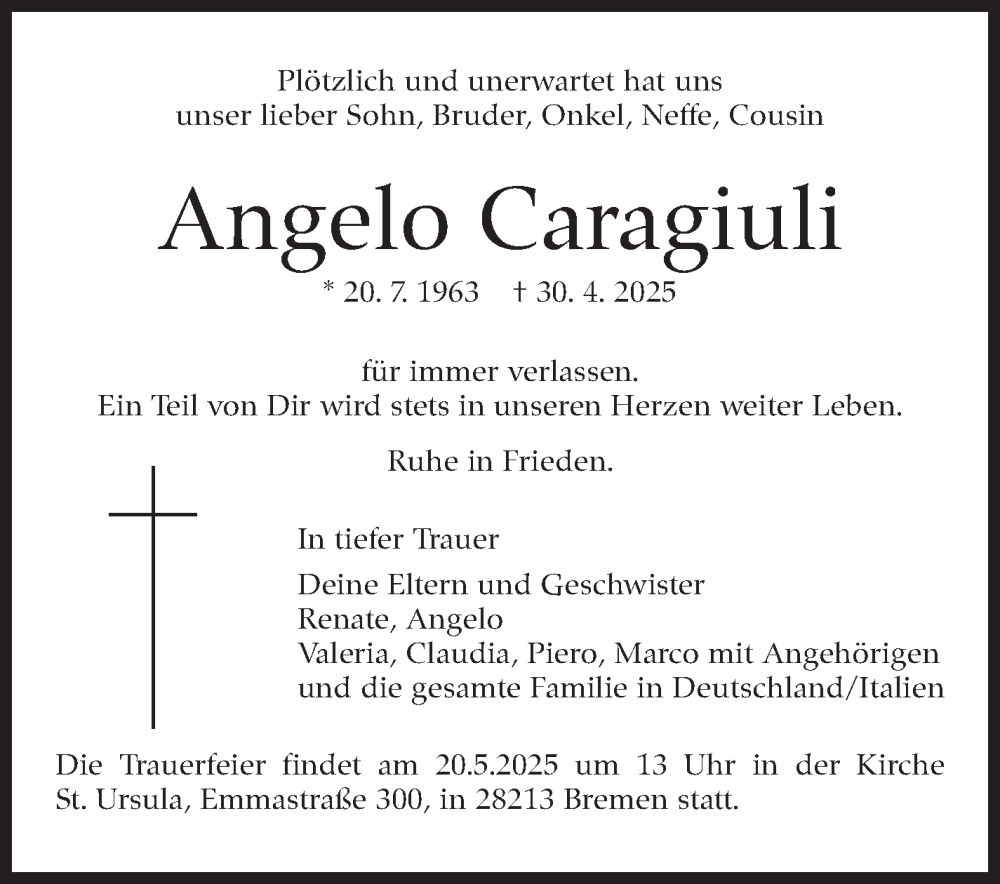  Traueranzeige für Angelo Caragiuli vom 12.05.2025 aus Stuttgarter Zeitung / Stuttgarter Nachrichten