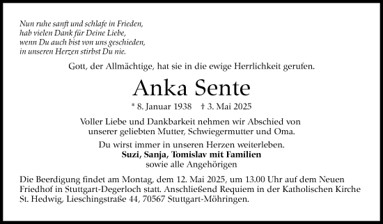 Traueranzeige von Anka Sente von Stuttgarter Zeitung / Stuttgarter Nachrichten