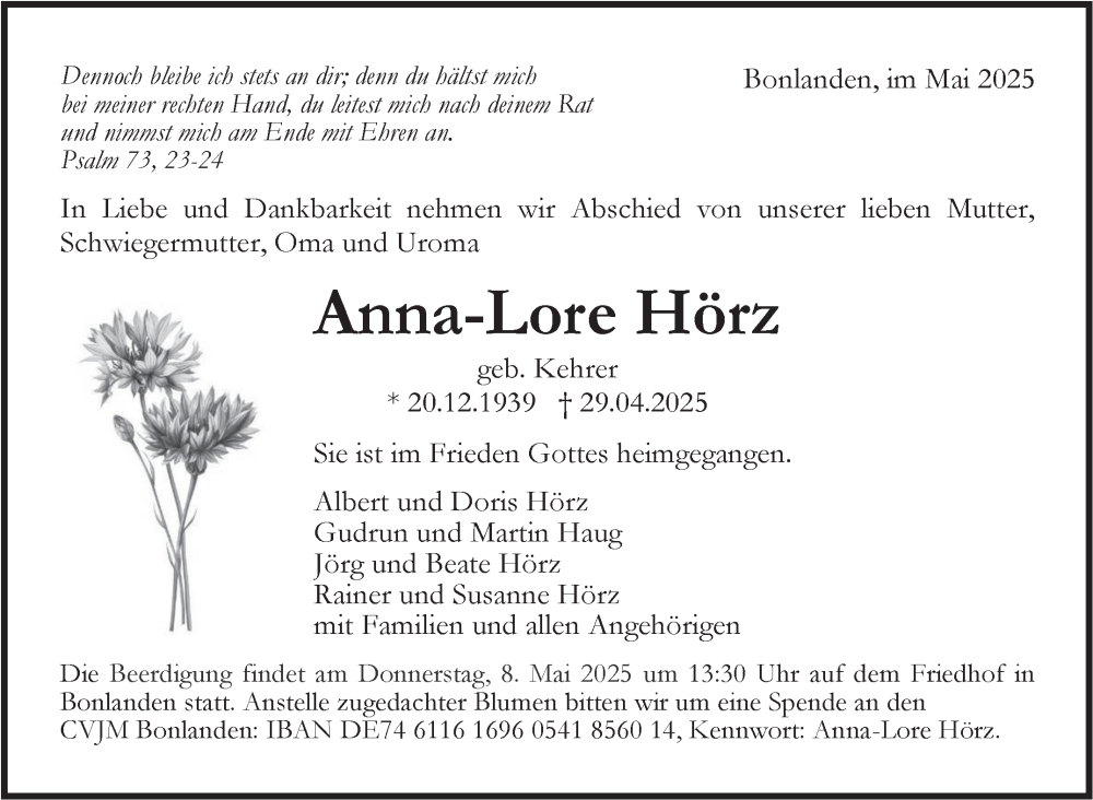  Traueranzeige für Anna-Lore Hörz vom 06.05.2025 aus Stuttgarter Zeitung / Stuttgarter Nachrichten