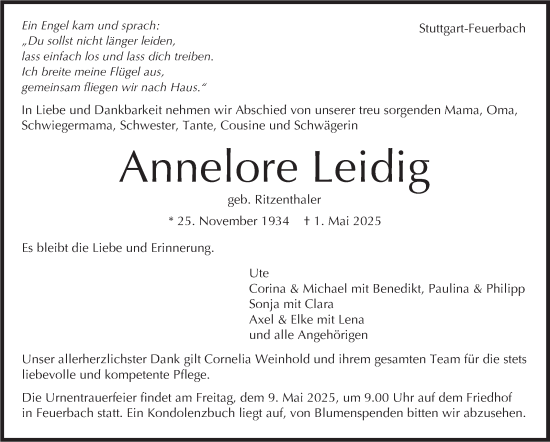 Traueranzeige von Annelore Leidig von Stuttgarter Zeitung / Stuttgarter Nachrichten