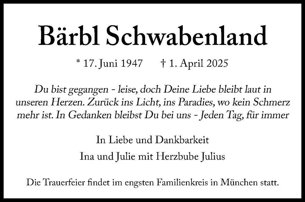  Traueranzeige für Bärbl Schwabenland vom 12.04.2025 aus Stuttgarter Zeitung / Stuttgarter Nachrichten