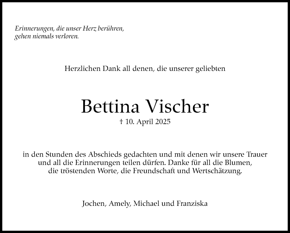  Traueranzeige für Bettina Vischer vom 17.05.2025 aus Stuttgarter Zeitung / Stuttgarter Nachrichten