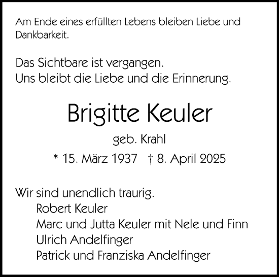Traueranzeige von Brigitte Keuler von Stuttgarter Zeitung / Stuttgarter Nachrichten