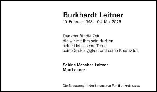 Traueranzeige von Burkhardt Leitner von Stuttgarter Zeitung / Stuttgarter Nachrichten