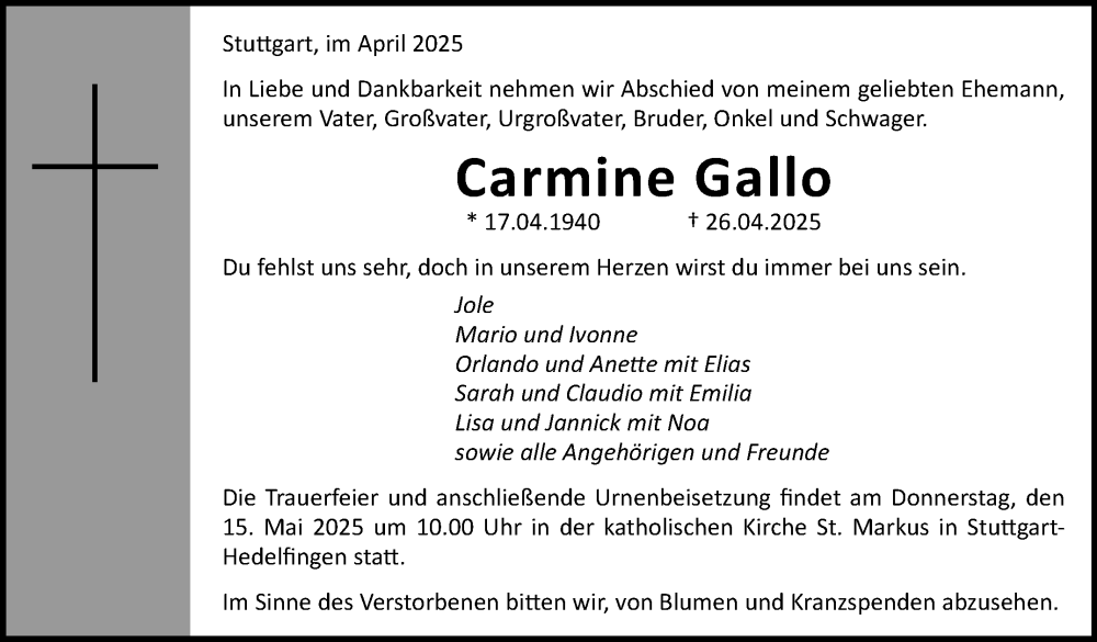  Traueranzeige für Carmine Gallo vom 10.05.2025 aus Stuttgarter Zeitung / Stuttgarter Nachrichten