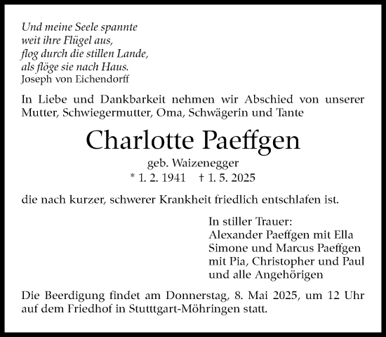 Traueranzeige von Charlotte Paeffgen von Stuttgarter Zeitung / Stuttgarter Nachrichten
