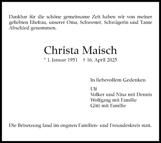 Traueranzeige von Christa Maisch von Stuttgarter Zeitung / Stuttgarter Nachrichten