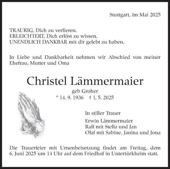 Traueranzeige von Christel Lämmermaier von Stuttgarter Zeitung / Stuttgarter Nachrichten