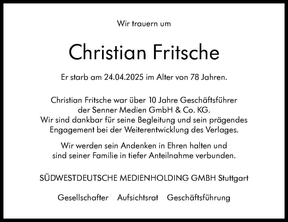  Traueranzeige für Christian Fritsche vom 07.05.2025 aus Stuttgarter Zeitung / Stuttgarter Nachrichten