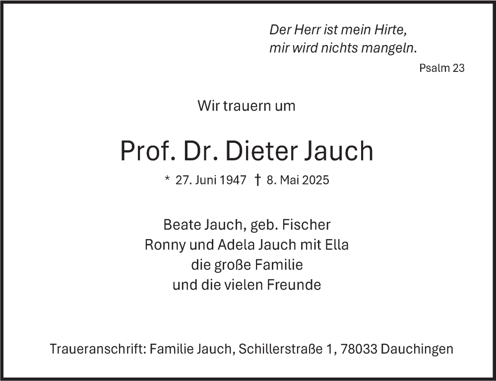  Traueranzeige für Dieter Jauch vom 17.05.2025 aus Stuttgarter Zeitung / Stuttgarter Nachrichten