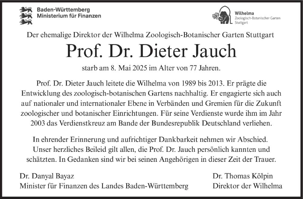  Traueranzeige für Dieter Jauch vom 15.05.2025 aus Stuttgarter Zeitung / Stuttgarter Nachrichten