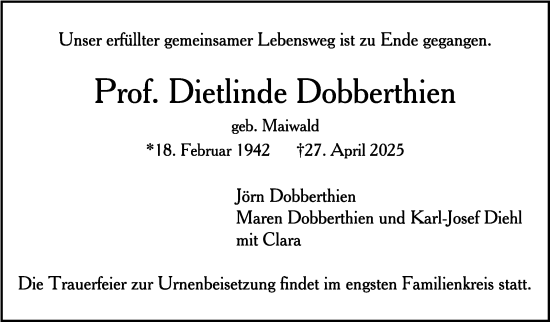 Traueranzeige von Dietlinde Dobberthien von Stuttgarter Zeitung / Stuttgarter Nachrichten