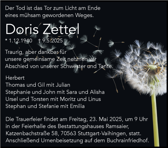 Traueranzeige von Doris Zettel von Stuttgarter Zeitung / Stuttgarter Nachrichten