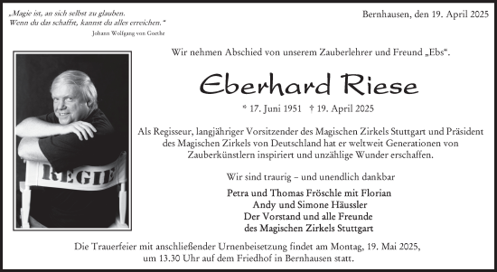Traueranzeige von Eberhard Riese von Stuttgarter Zeitung / Stuttgarter Nachrichten