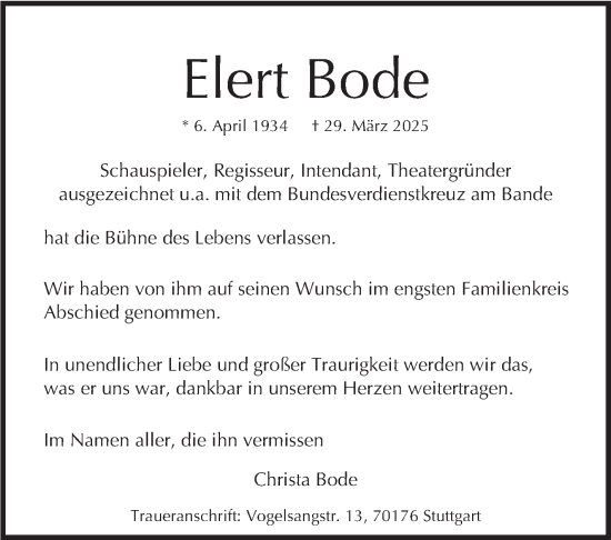 Traueranzeige von Elert Bode von Stuttgarter Zeitung / Stuttgarter Nachrichten
