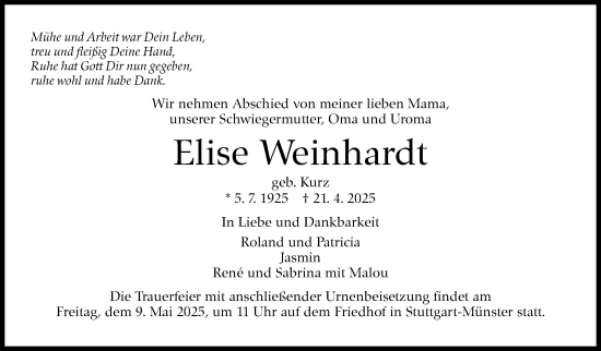 Traueranzeige von Elise Weinhardt von Stuttgarter Zeitung / Stuttgarter Nachrichten