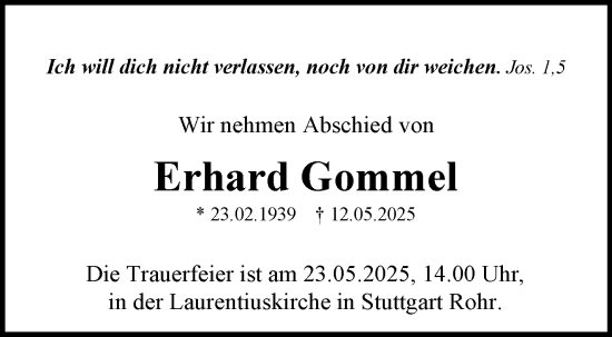 Traueranzeige von Erhard Gommel von Stuttgarter Zeitung / Stuttgarter Nachrichten