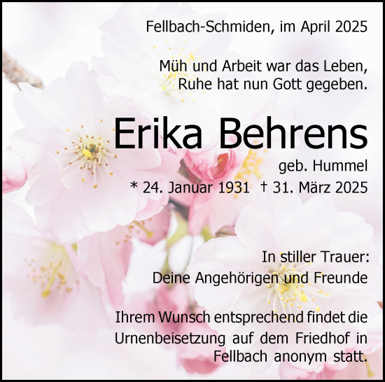 Traueranzeige von Erika Behrens von Stuttgarter Zeitung / Stuttgarter Nachrichten